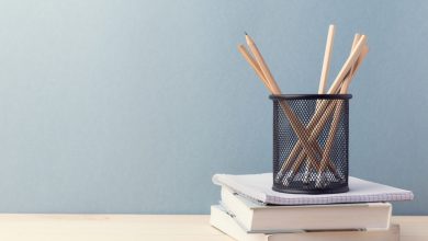 Composed cup of pencils and books